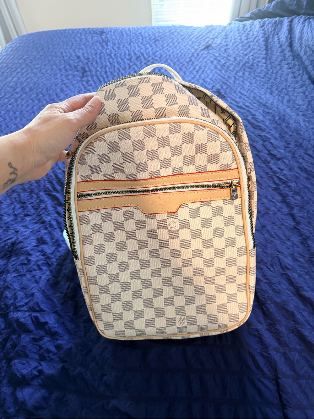 Designer-Style White Checkered Backpack with Tan Trim